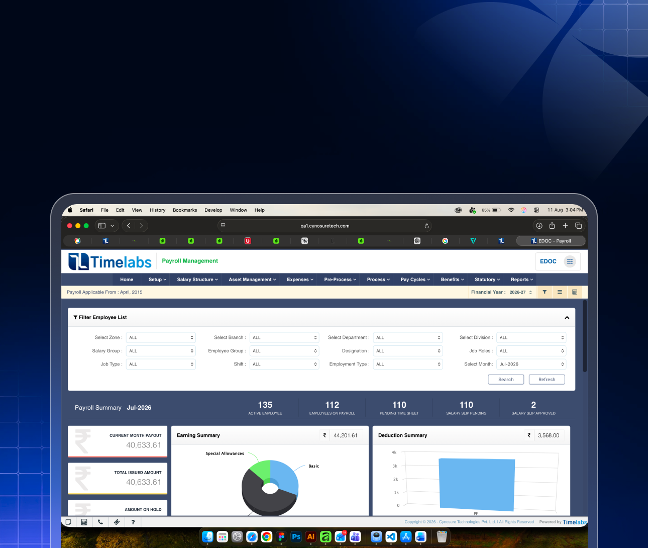 Timelabs Payroll Management dashboard showing payroll summary, earnings, and deduction charts